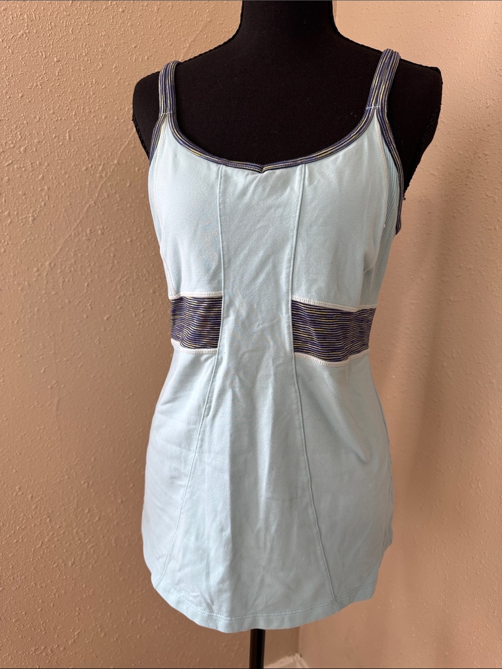 Athleta Pale Blue Tank with Navy & Gold-Trim Straps